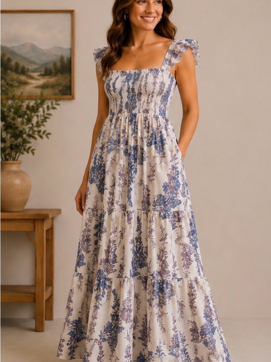 SHEIN Dresses & Skirts - Smocked Square-Neck Floral Maxi Dress in Blue and Cream “The Bloom Collection “